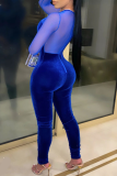 Blue Sexy Solid See-through O Neck Skinny Jumpsuits