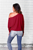 Wine Red One Shoulder Collar Long Sleeve Striped Tees & T-shirts