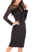 Black Fashion Long Sleeves O neck Slim Dress Knee-Length Patchwork Long Sleeve Dresses
