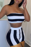 Blue Sexy Striped Split Joint Off the Shoulder Sleeveless Two Pieces