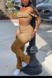 Khaki Casual Solid Boot Cut Sleeveless Two Pieces