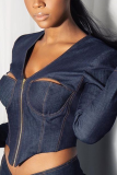 Light Blue Street Solid Patchwork V Neck Tops