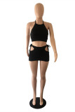 Black Sexy Solid Hollowed Out Backless Strap Design Halter Sleeveless Two Pieces
