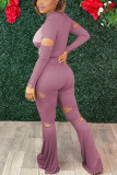 Pink Sexy Solid Ripped Patchwork Fold O Neck Long Sleeve Two Pieces