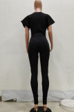 Black Polyester Fashion Casual Patchwork Solid Two Piece Suits pencil Short Sleeve Two Pieces