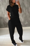 Black Polyester Fashion Casual adult Ma'am Patchwork Solid Two Piece Suits Straight Short Sleeve Two Pieces