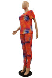 Orange Polyester Fashion Casual adult Patchwork Print Tie Dye Two Piece Suits pencil Short Sleeve Two Pieces