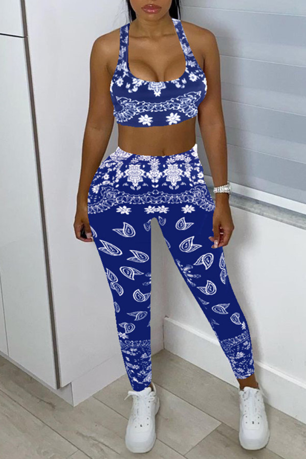 Blue Sexy Casual Print Backless U Neck Sleeveless Two Pieces