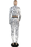 White Fashion Casual Adult Polyester Print Split Joint O Neck Long Sleeve Regular Sleeve Regular Two Pieces