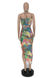 Multicolor Sexy Print Hollowed Out Backless Strap Design Halter Sleeveless Two Pieces