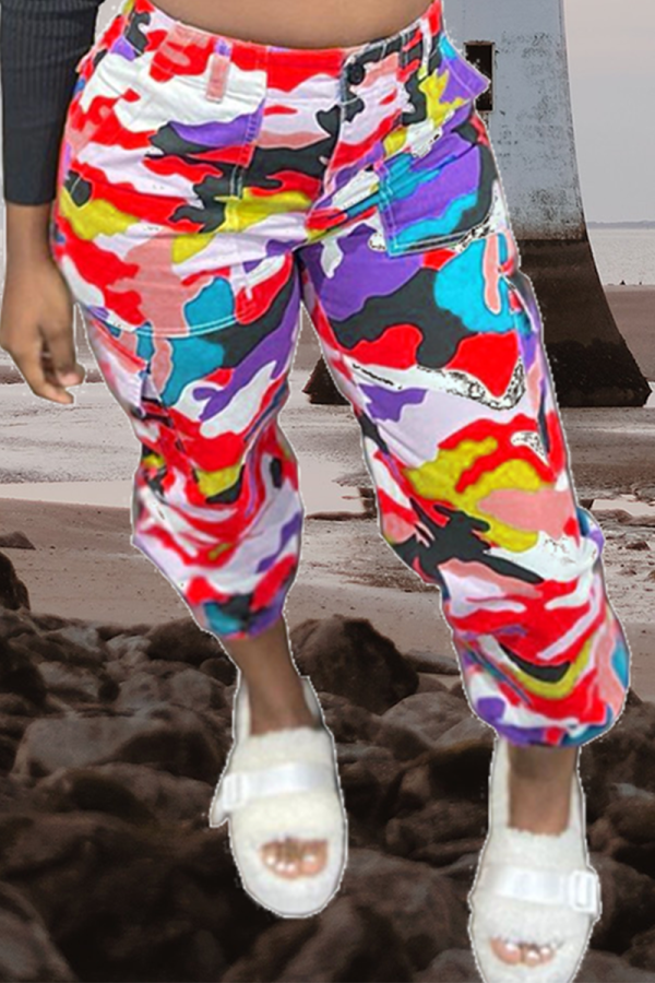 Red Casual Camouflage Print Split Joint Regular Bottoms