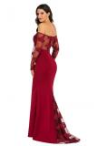 Red Polyester Sexy Fashion adult Off The Shoulder Long Sleeves One word collar Mermaid Floor-Length Soli