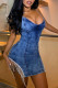 Deep Blue Fashion Sexy Solid Tassel Split Joint V Neck Sling Dress