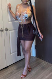 Pink Fashion Sexy Print Backless Strap Design Sleeveless Two Pieces