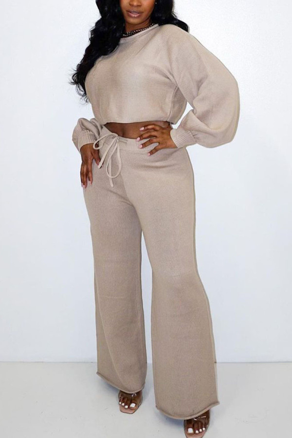 Khaki Casual Solid O Neck Long Sleeve Two Pieces