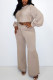 Khaki Casual Solid O Neck Long Sleeve Two Pieces