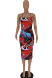 Red Polyester Sexy Fashion adult Spaghetti Strap Sleeveless Slip Step Skirt Mid-Calf Print backless Patc