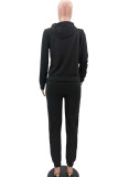 Black Fashion Casual Adult Polyester Solid Pocket Hooded Collar Long Sleeve Regular Sleeve Regular Two Pieces