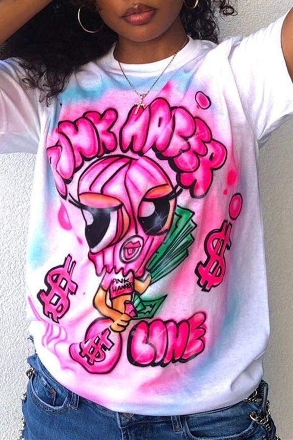 White Fashion Casual Print Basic O Neck T-Shirts