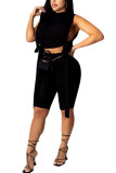 Black venetian Fashion Celebrities adult Ma'am Solid Two Piece Suits Straight Sleeveless Two Pieces