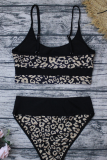 Blue Sexy Leopard Color Block Split Joint Swimwears