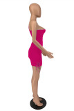 Rose Red Fashion Sexy Solid Backless One Shoulder Sleeveless Dress