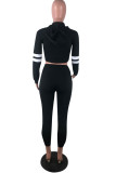Black Sexy Solid Patchwork Hooded Collar Long Sleeve Two Pieces