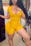 Black Fashion Sexy Patchwork bandage Solid Short Sleeve V Neck Rompers