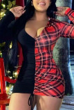 Red Sexy Print Patchwork Frenulum Fold V Neck Pencil Skirt Dresses