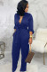 Blue Sexy Solid Button Polyester Long Sleeve O Neck Jumpsuits