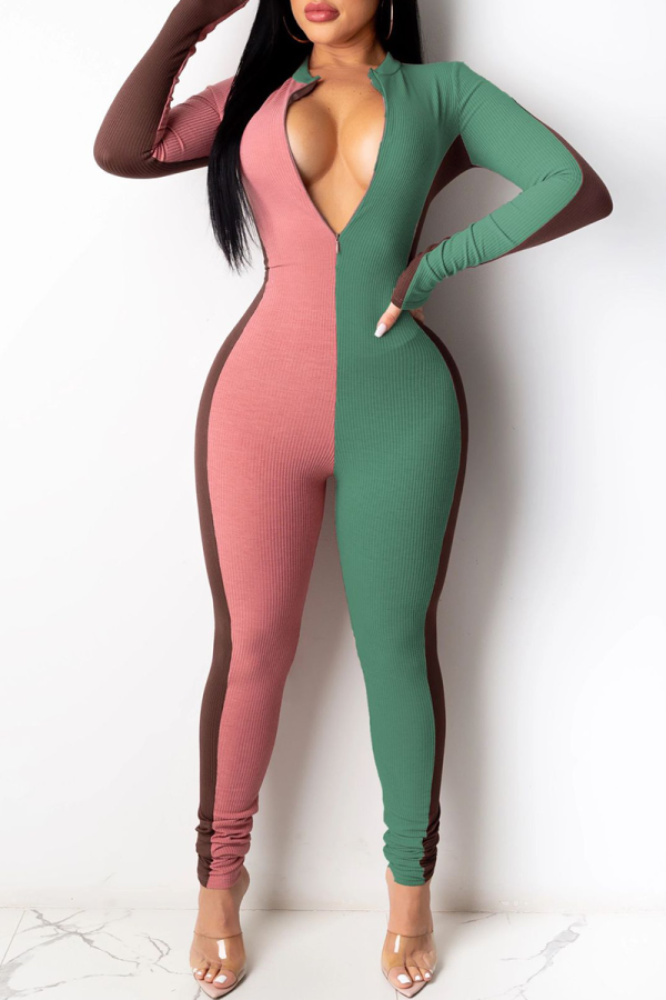 Green Casual Color Block Split Joint Zipper Collar Skinny Jumpsuits
