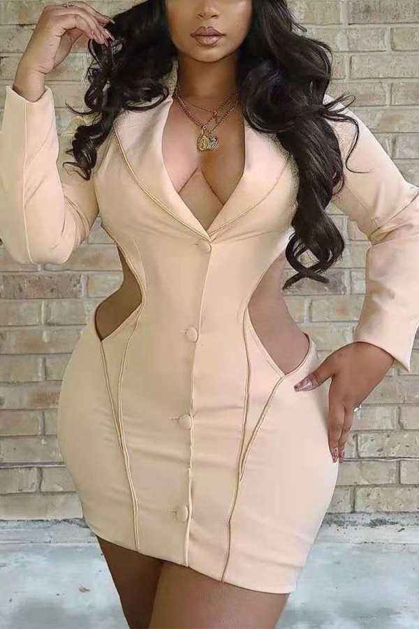 Khaki Street Solid V Neck Wrapped Skirt Dresses