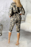 Army Green Sexy Camouflage Print Split Joint Turndown Collar Regular Jumpsuits