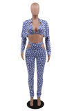 Blue Sexy Print Split Joint V Neck Long Sleeve Three Pieces
