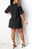 Black Sexy Solid Ripped Bandage Chains Basic Strap Design V Neck Short Sleeve Mini Straight Dresses