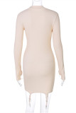 Apricot Fashion Casual Letter Print Asymmetrical Turtleneck Long Sleeve Dresses
