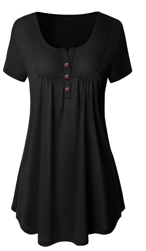 Black Casual Regular O-Neck Short Button Solid Regular Tees & T-shirts