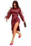 Wine Red adult Sexy Fashion Cap Sleeve Long Sleeves O neck Step Skirt Mid-Calf split stringy selved