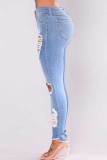 Light Blue Denim Zipper Fly Mid Solid Hole washing pencil Pants Bottoms