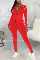 Red Fashion Sexy Adult Polyester Solid Split Joint Hooded Collar Long Sleeve Regular Sleeve Regular Two Pieces