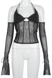Black Fashion Sexy Patchwork Solid See-through Backless Halter Tops