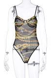 Black Sexy Print Patchwork Spaghetti Strap Skinny Jumpsuits
