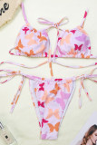 Pink Sexy Butterfly Print Backless Swimwears