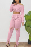 Pink Fashion Active adult Ma'am Patchwork Solid Hole Two Piece Suits pencil Long Sleeve Two Pieces