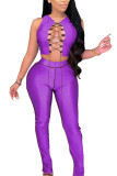 purple Sexy Polyester Solid Split Joint Sleeveless Short Two Pieces