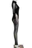 Black Fashion Sexy Patchwork Solid See-through O Neck Skinny Jumpsuits