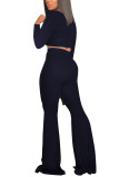 Navy Blue Polyester Fashion Casual adult Ma'am Solid Two Piece Suits Loose Long Sleeve Two Pieces