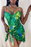 Yellow Sexy Print Patchwork Chains Swimwears Two Pieces