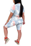 Powder blue Polyester Fashion Casual adult Patchwork Tie Dye Two Piece Suits pencil Short Sleeve Two Pieces