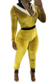 Yellow Sexy Solid Patchwork Polyester Long Sleeve O Neck Jumpsuits